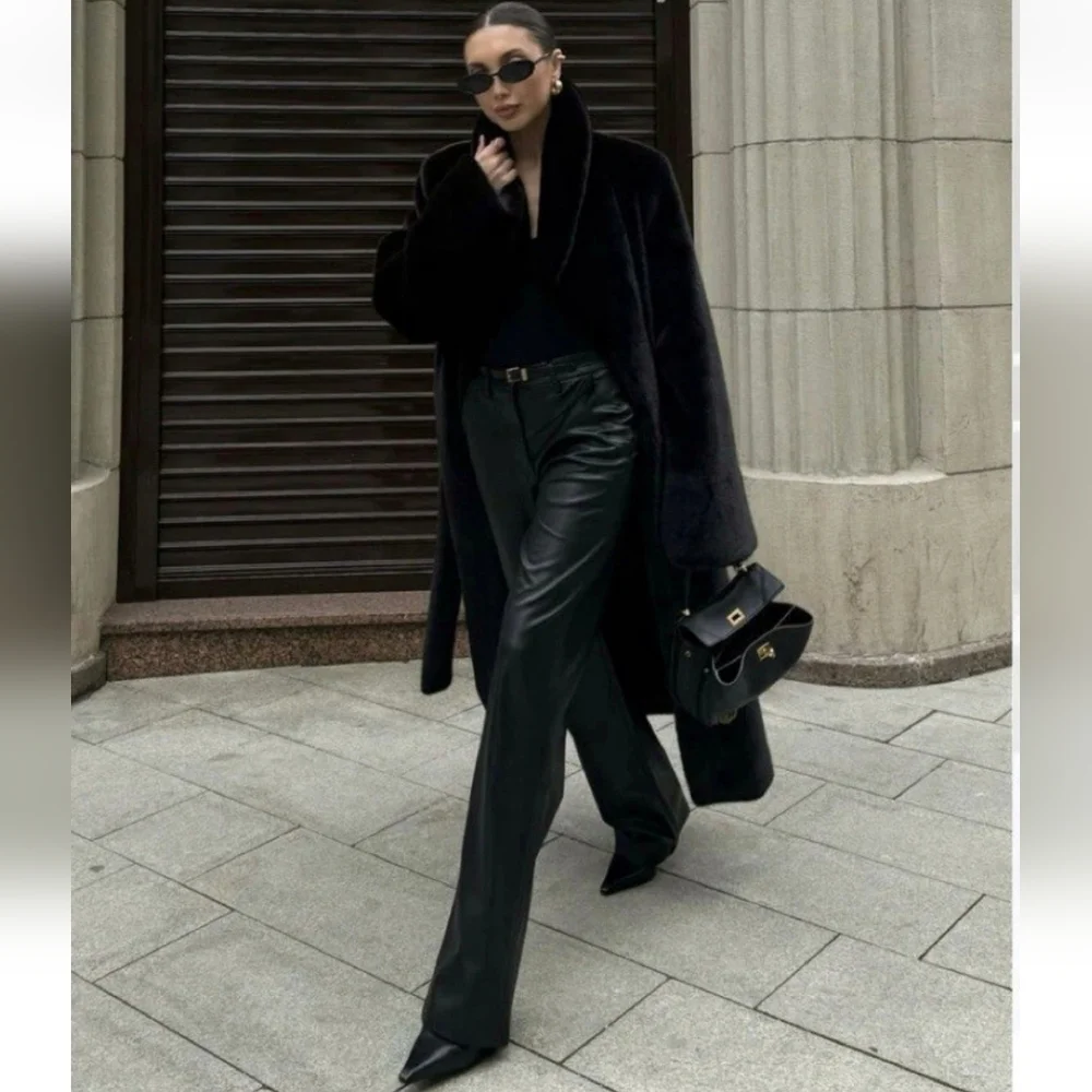 ZARA FAUX LEATHER WIDE PANTS BLACK SIZE M